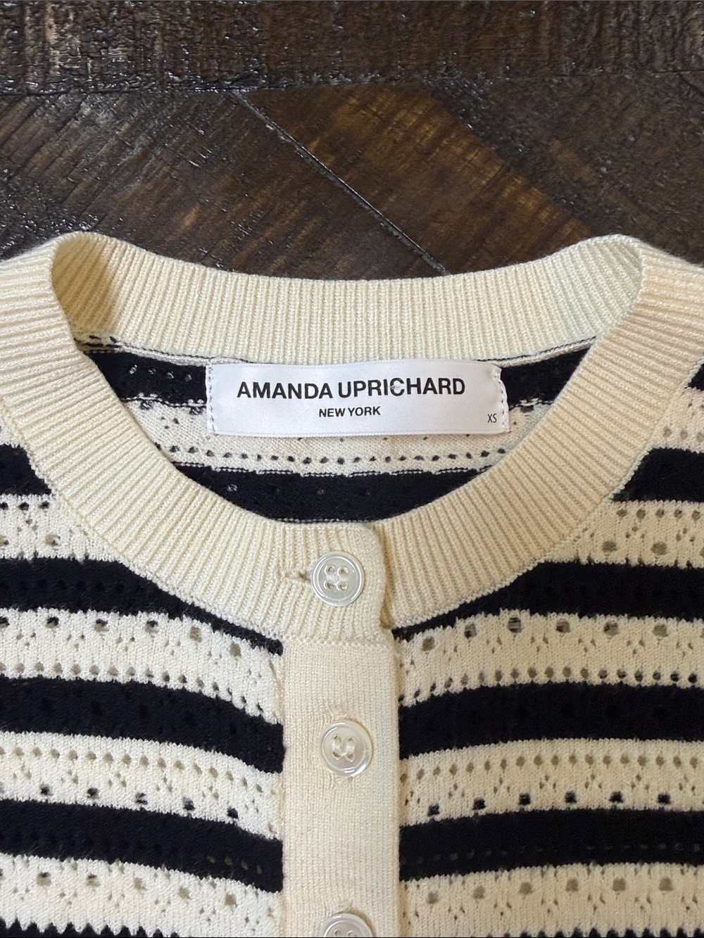 Amanda Uprichard Seine Cardigan XS Black Cream Striped Pointelle Crop - Picture 6 of 10
